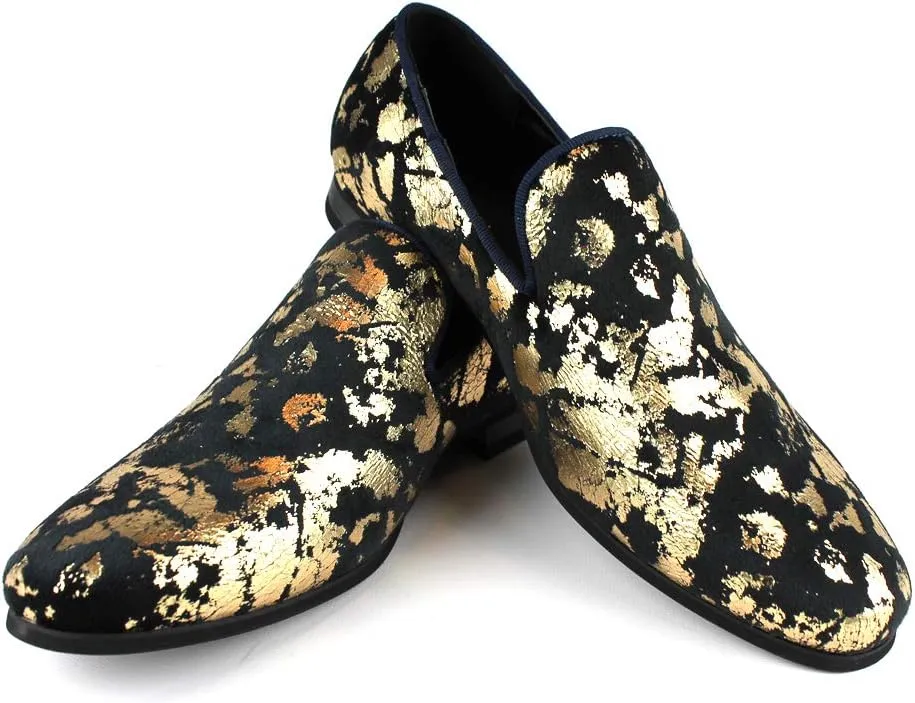 AZAR MAN Men's Slip On Velvet Gold Leopard Print Dress Shoes Loafers LS21