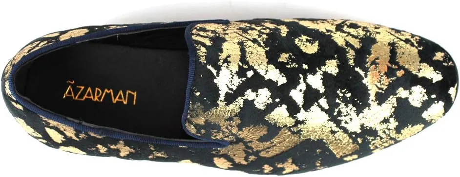 AZAR MAN Men's Slip On Velvet Gold Leopard Print Dress Shoes Loafers LS21