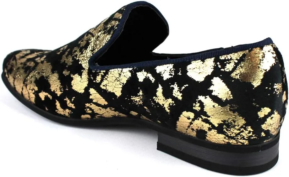AZAR MAN Men's Slip On Velvet Gold Leopard Print Dress Shoes Loafers LS21