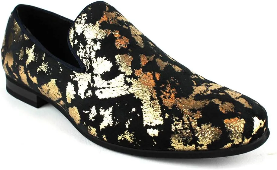 AZAR MAN Men's Slip On Velvet Gold Leopard Print Dress Shoes Loafers LS21
