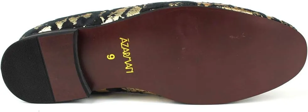 AZAR MAN Men's Slip On Velvet Gold Leopard Print Dress Shoes Loafers LS21