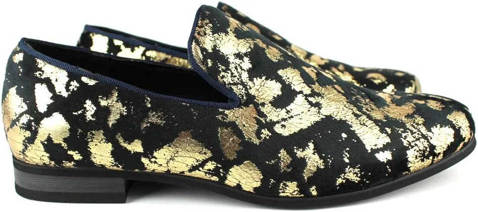 AZAR MAN Men's Slip On Velvet Gold Leopard Print Dress Shoes Loafers LS21