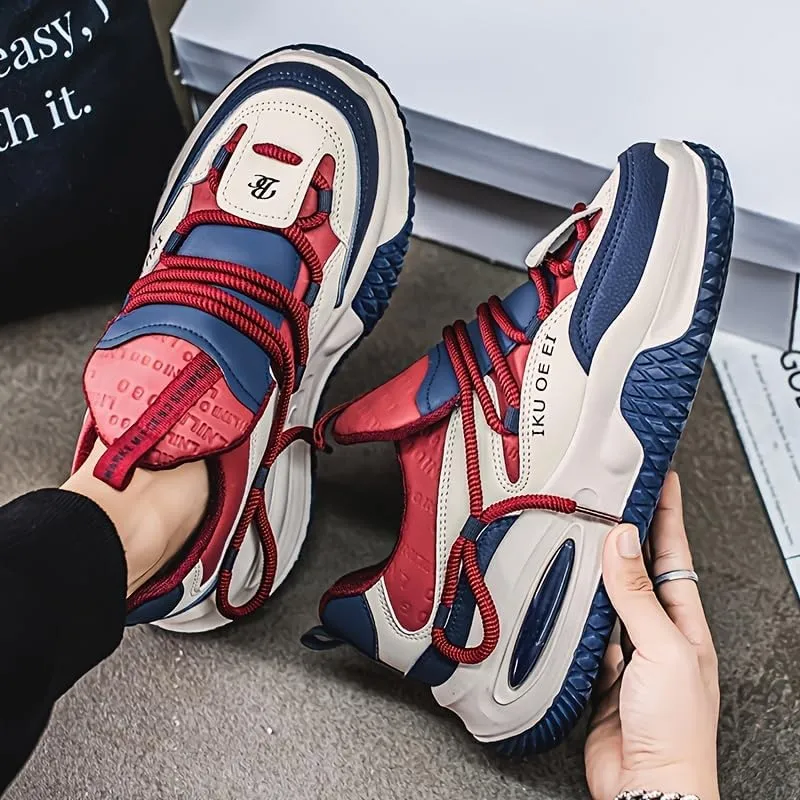 Big Size Men's Trendy Chunky Sneakers - Fashionable Color Block Design with Breathable Mesh Lining, Shock-Absorbing EVA Insole, Hip-Hop, and Casual Wear