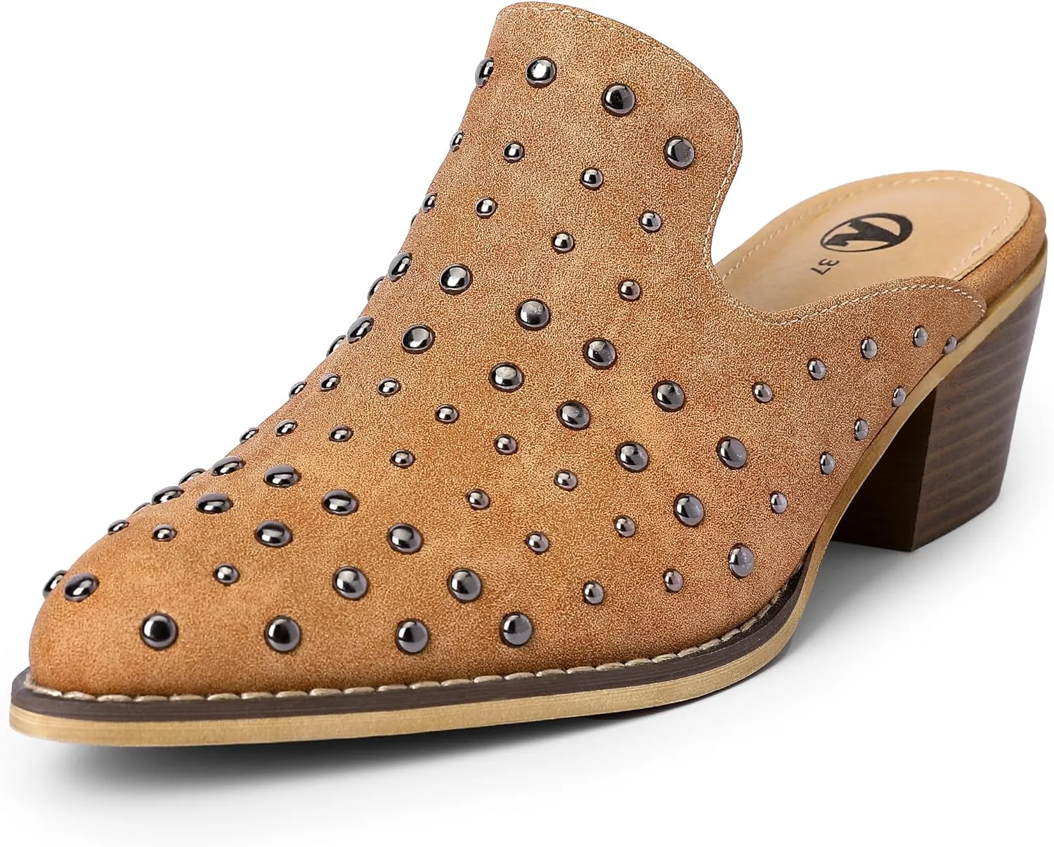 Bigwow Fashion Women's Chunky Block Heeled Mules Pointed Closed Toe Sandals Rivet Slip-on Pump Platform Clogs Dressy Shoes for Women (Brown, 7)