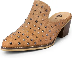Bigwow Fashion Women's Chunky Block Heeled Mules Pointed Closed Toe Sandals Rivet Slip-on Pump Platform Clogs Dressy Shoes for Women (Brown, 7)
