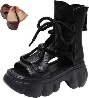 BlackeEight Women's High Top Leather Sandals Open Toe Boot,Summer Vintage Comfort Muffin Platform Zip Dress Short Ankle Booties
