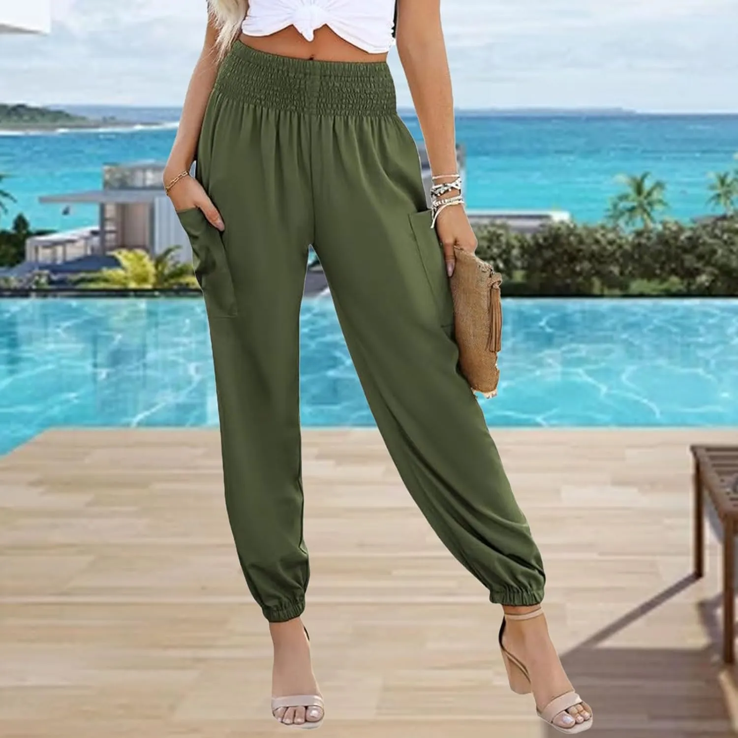Boho Pants for Women Business Casual Pants Long Elephant Trousers Beach Travel Vacation Clothing with Pockets