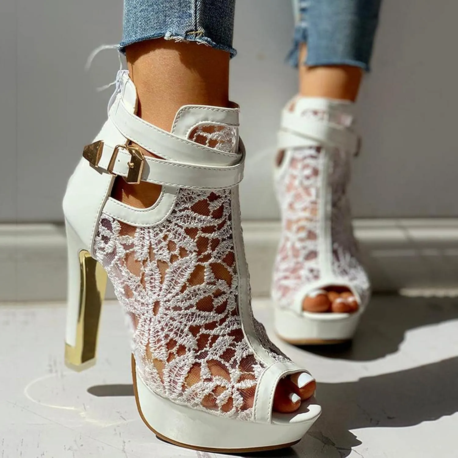 BORAMAX Women's Pretty Lace Flowers Open Toes High Heels Ankle Boots Platform Boots Peep Toe Colorful Casual Womens Boots