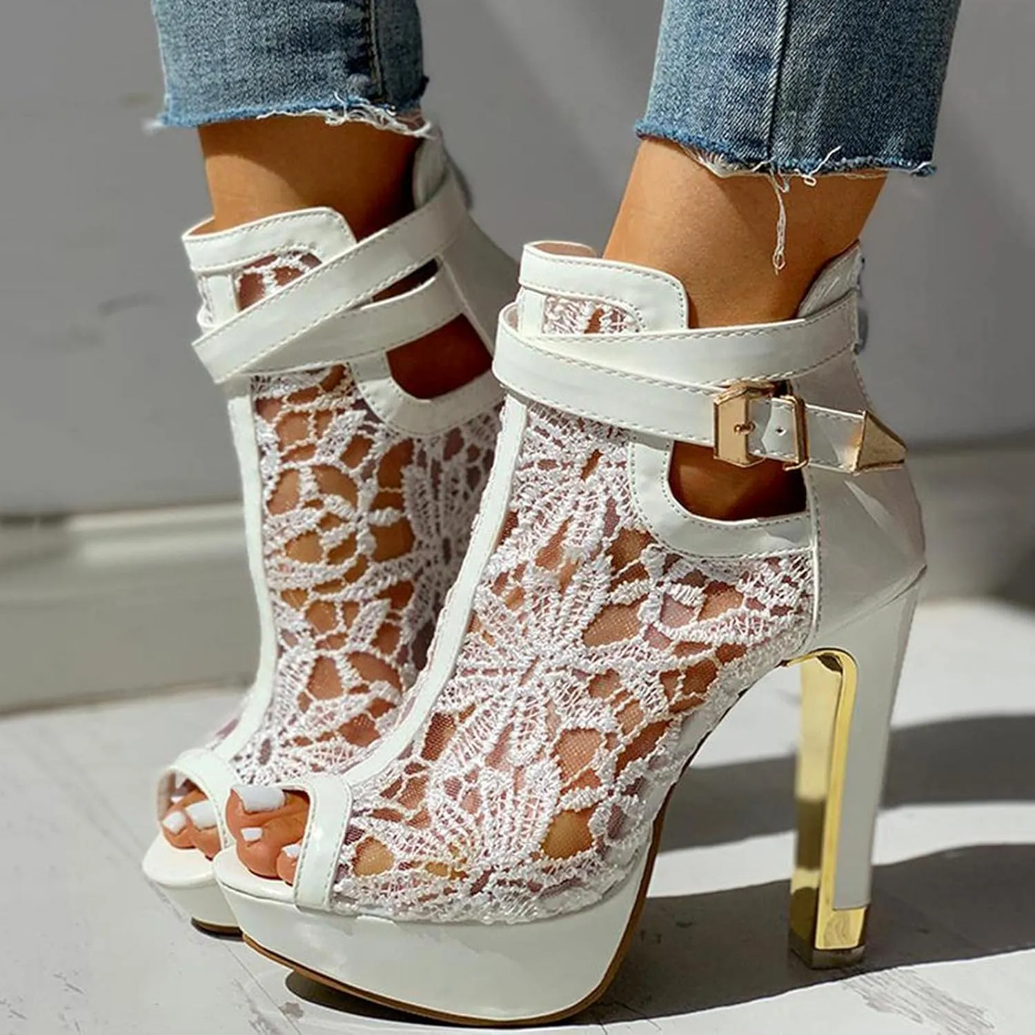 BORAMAX Women's Pretty Lace Flowers Open Toes High Heels Ankle Boots Platform Boots Peep Toe Colorful Casual Womens Boots