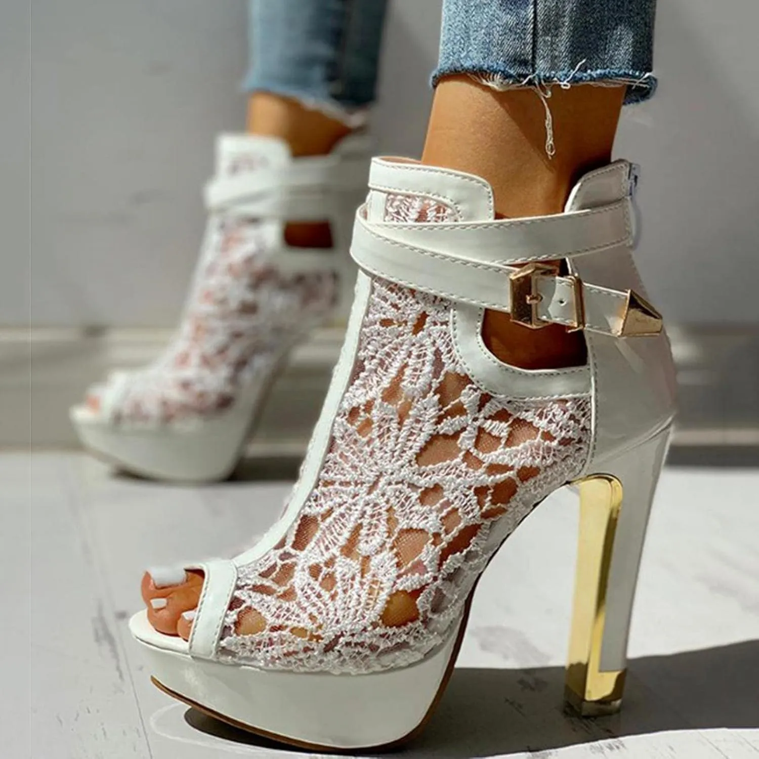 BORAMAX Women's Pretty Lace Flowers Open Toes High Heels Ankle Boots Platform Boots Peep Toe Colorful Casual Womens Boots