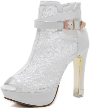 BORAMAX Women's Pretty Lace Flowers Open Toes High Heels Ankle Boots Platform Boots Peep Toe Colorful Casual Womens Boots