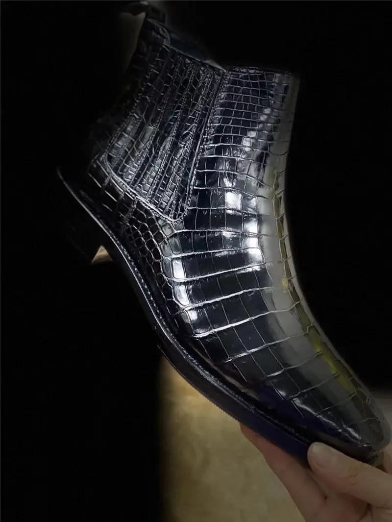 British Style Authentic Crocodile Belly Skin Handmade Men Classic Chelsea Boots Genuine Alligator Leather Male Short Ankle Boots