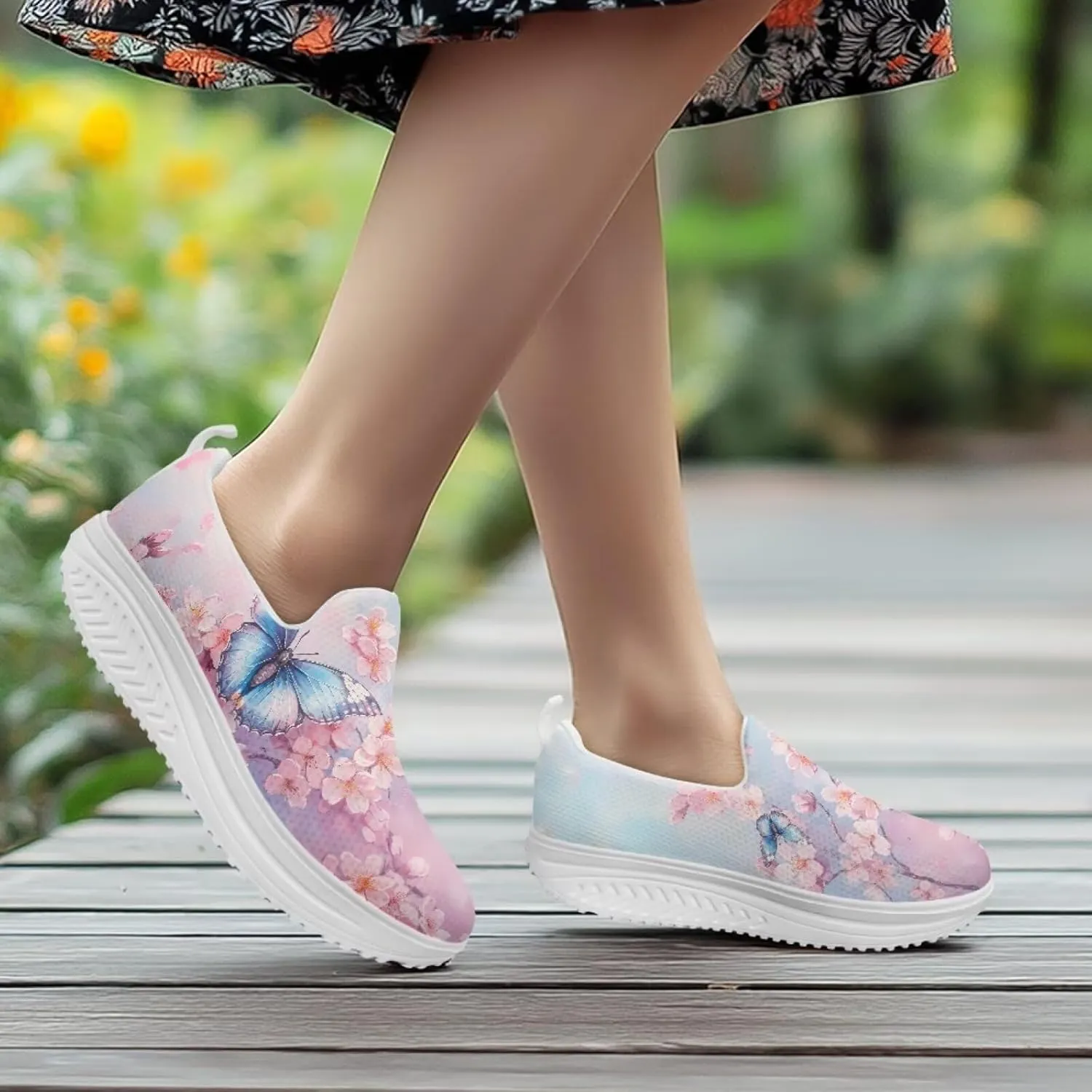 Butterfly Print Women Platform Shoes Anti-Skid Running Sneakers Slip-on Loafers Comfort Casual Walking Shoes