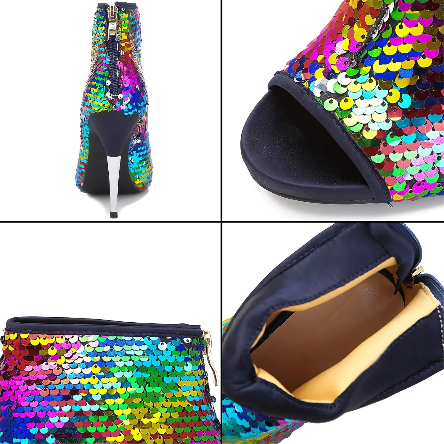 CAMSSOO Women's Colorful Sequin Stiletto Boots Peep Toe Rear Zipper Sexy Dress Wedding Glitter High Heels Sandals Ankle Boots