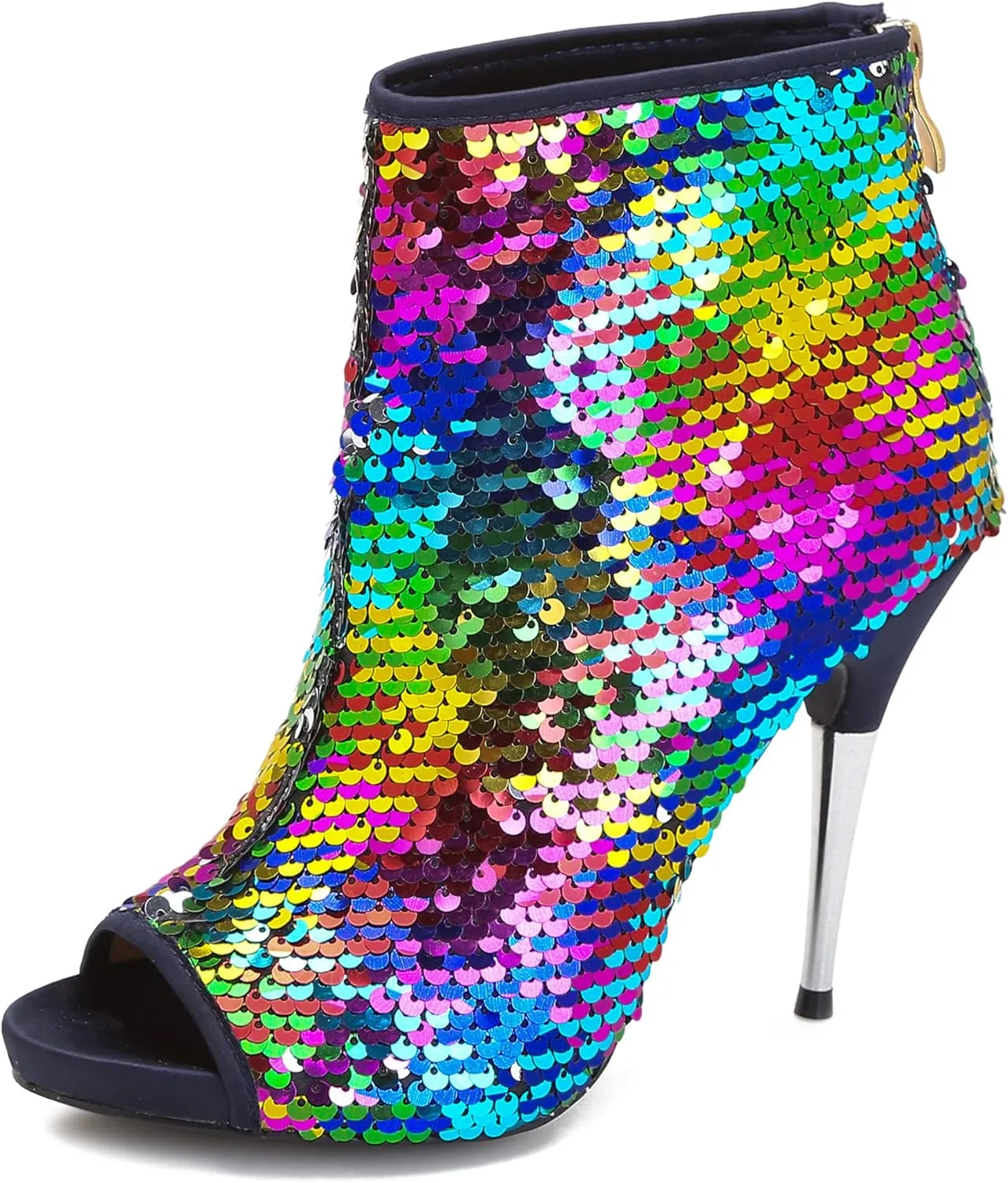 CAMSSOO Women's Colorful Sequin Stiletto Boots Peep Toe Rear Zipper Sexy Dress Wedding Glitter High Heels Sandals Ankle Boots