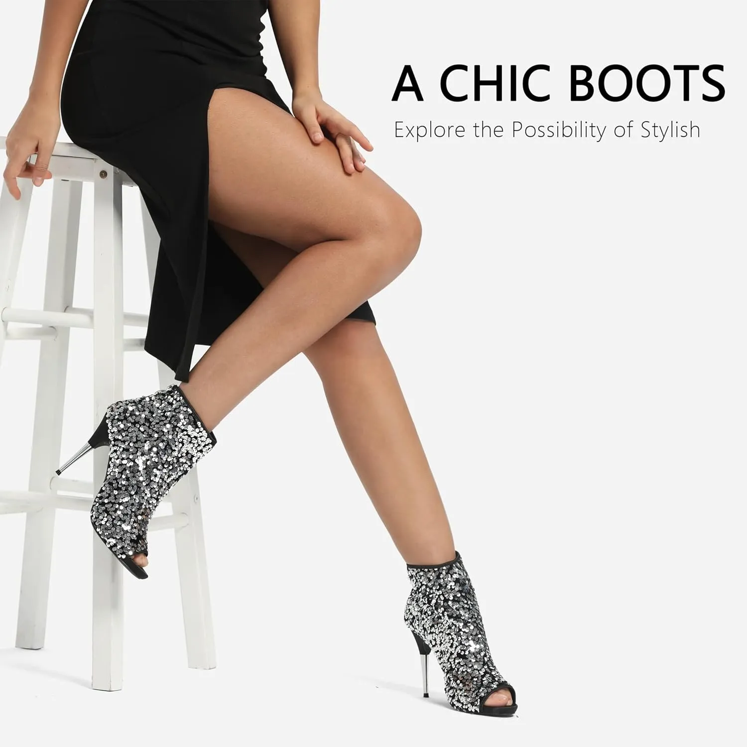 CAMSSOO Women's Colorful Sequin Stiletto Boots Peep Toe Rear Zipper Sexy Dress Wedding Glitter High Heels Sandals Ankle Boots