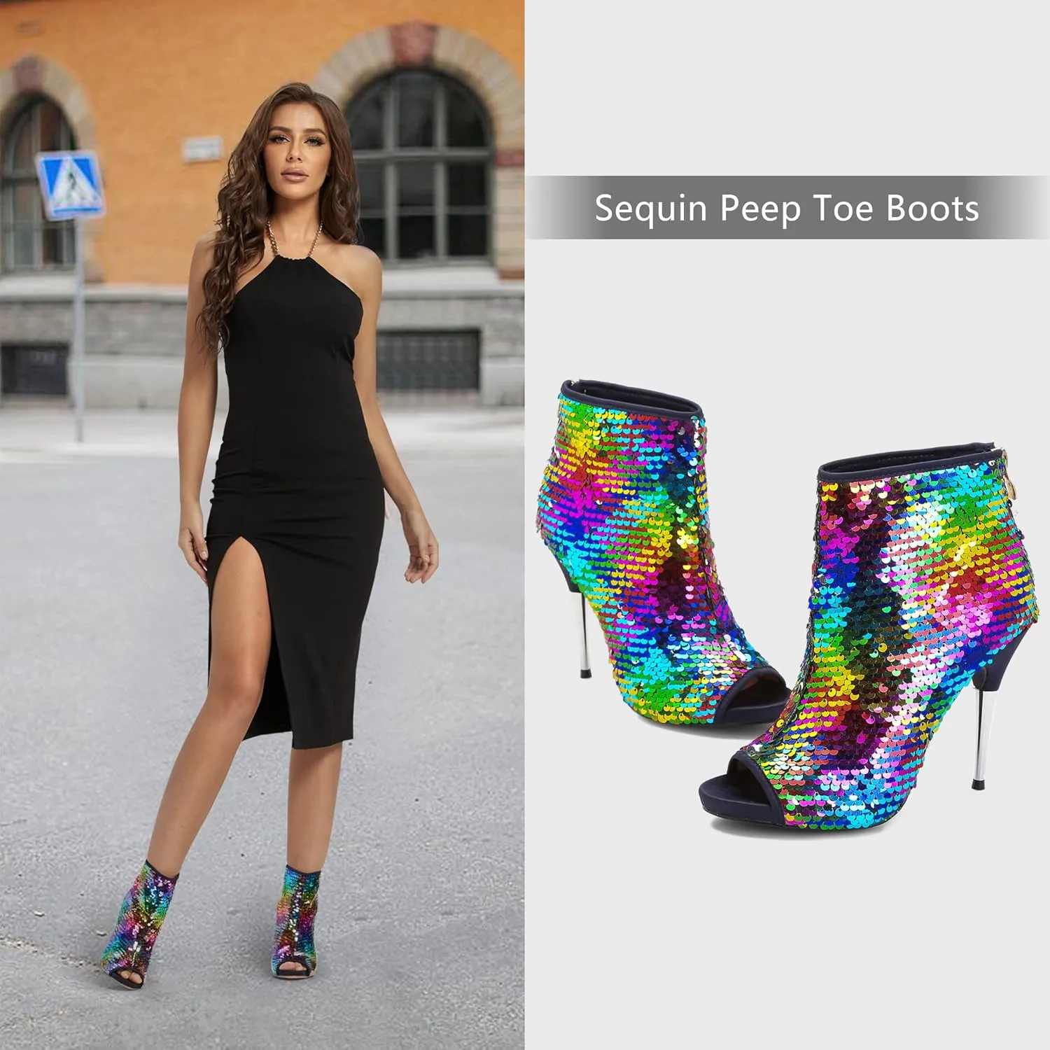 CAMSSOO Women's Colorful Sequin Stiletto Boots Peep Toe Rear Zipper Sexy Dress Wedding Glitter High Heels Sandals Ankle Boots
