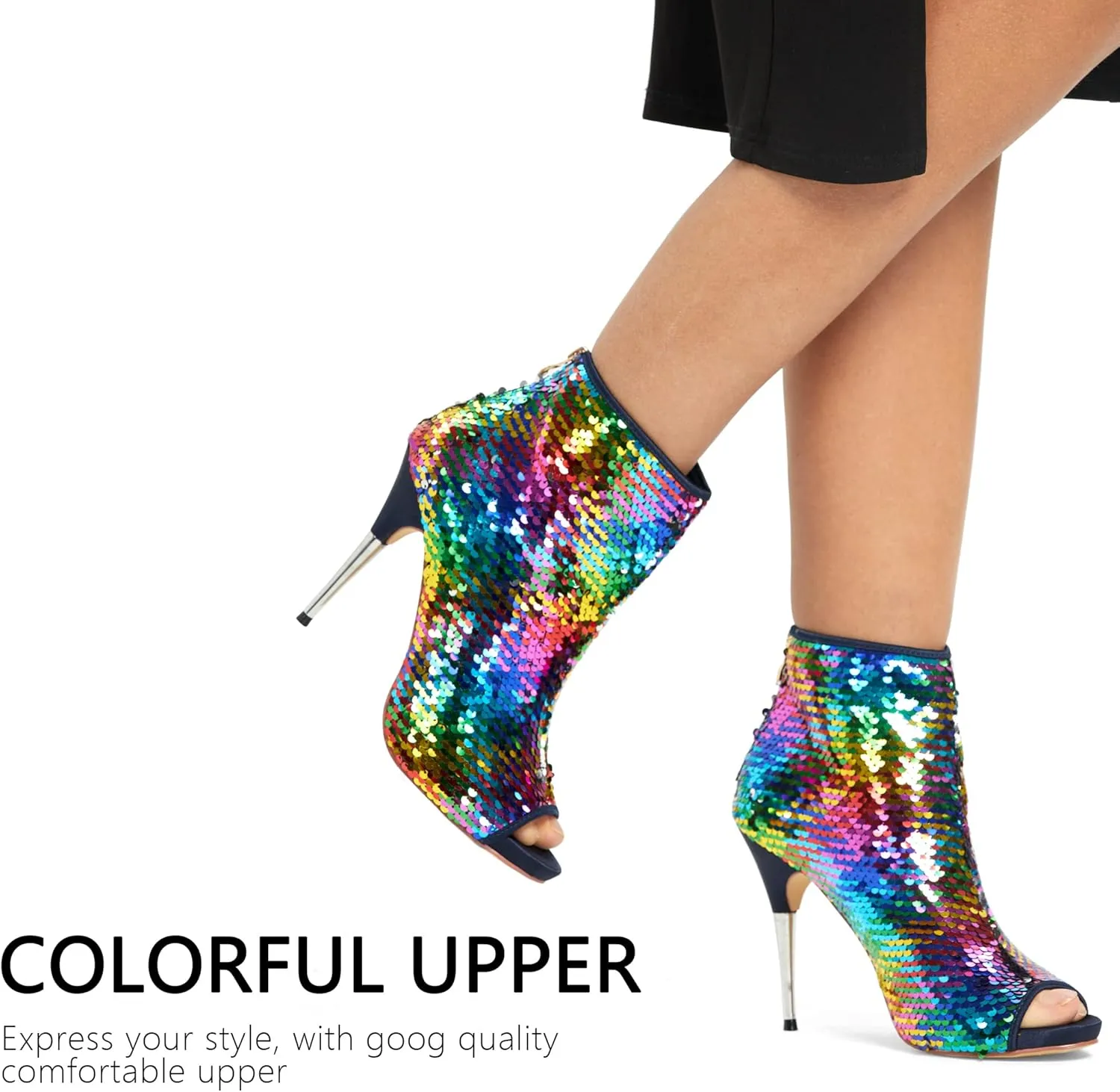 CAMSSOO Women's Colorful Sequin Stiletto Boots Peep Toe Rear Zipper Sexy Dress Wedding Glitter High Heels Sandals Ankle Boots