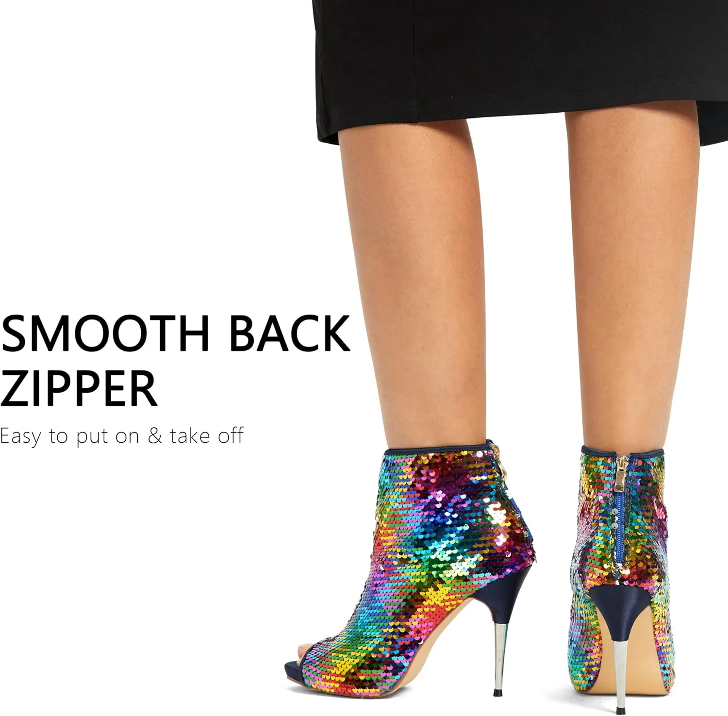 CAMSSOO Women's Colorful Sequin Stiletto Boots Peep Toe Rear Zipper Sexy Dress Wedding Glitter High Heels Sandals Ankle Boots