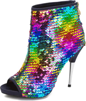 CAMSSOO Women's Colorful Sequin Stiletto Boots Peep Toe Rear Zipper Sexy Dress Wedding Glitter High Heels Sandals Ankle Boots