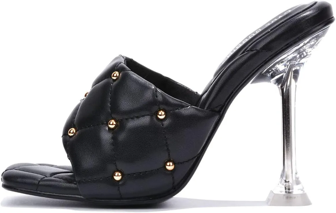 Cape Robbin Cecilla Sexy Quilted Stiletto High Heels for Women, Clear Slip On Heeled Mule Shoes with Balls Decoration - Black Size 10