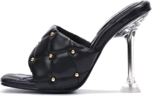 Cape Robbin Cecilla Sexy Quilted Stiletto High Heels for Women, Clear Slip On Heeled Mule Shoes with Balls Decoration - Black Size 5.5