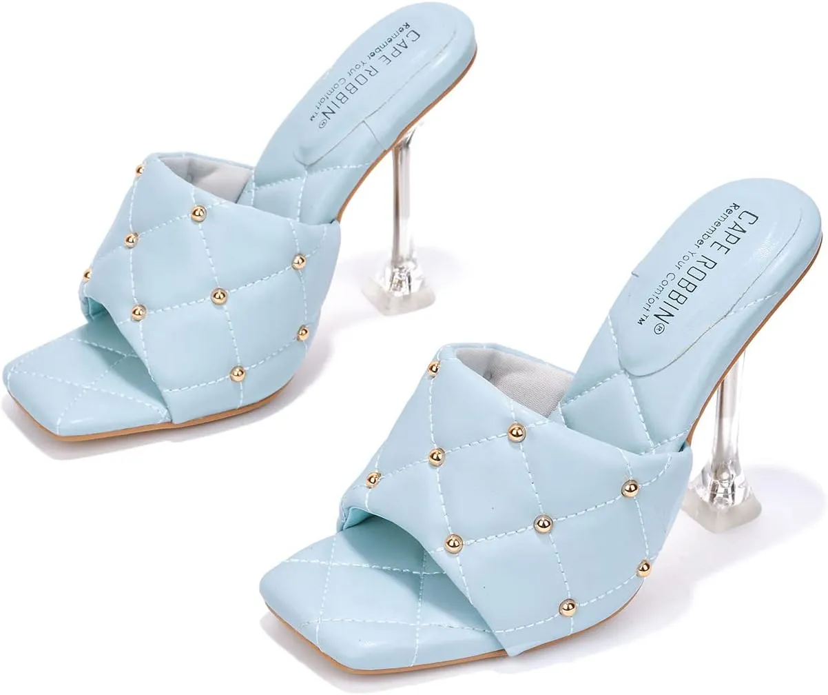 Cape Robbin Cecilla Sexy Quilted Stiletto High Heels for Women, Clear Slip On Heeled Mule Shoes with Balls Decoration