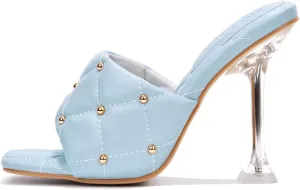 Cape Robbin Cecilla Sexy Quilted Stiletto High Heels for Women, Clear Slip On Heeled Mule Shoes with Balls Decoration