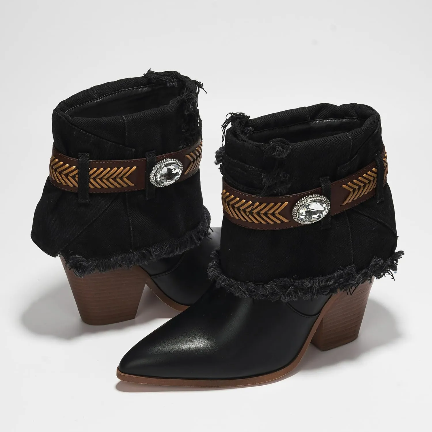 Cape Robbin Flory Gem Belt Decor Denim Fold Over Pointed Booties (Flory)