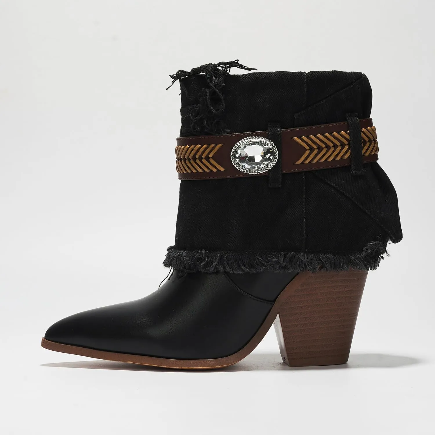 Cape Robbin Flory Gem Belt Decor Denim Fold Over Pointed Booties (Flory)