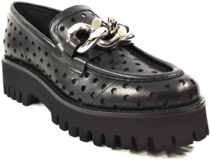 Casadei Women's Black Leather Perforated Comfort Loafers with Chunky Sole