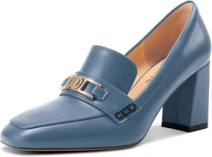 Castamere Mid Block Heels for Women Close Square Toe Slip-on Loafers Metal Buckle Office Casual Pumps 3.2 Inches Shoes
