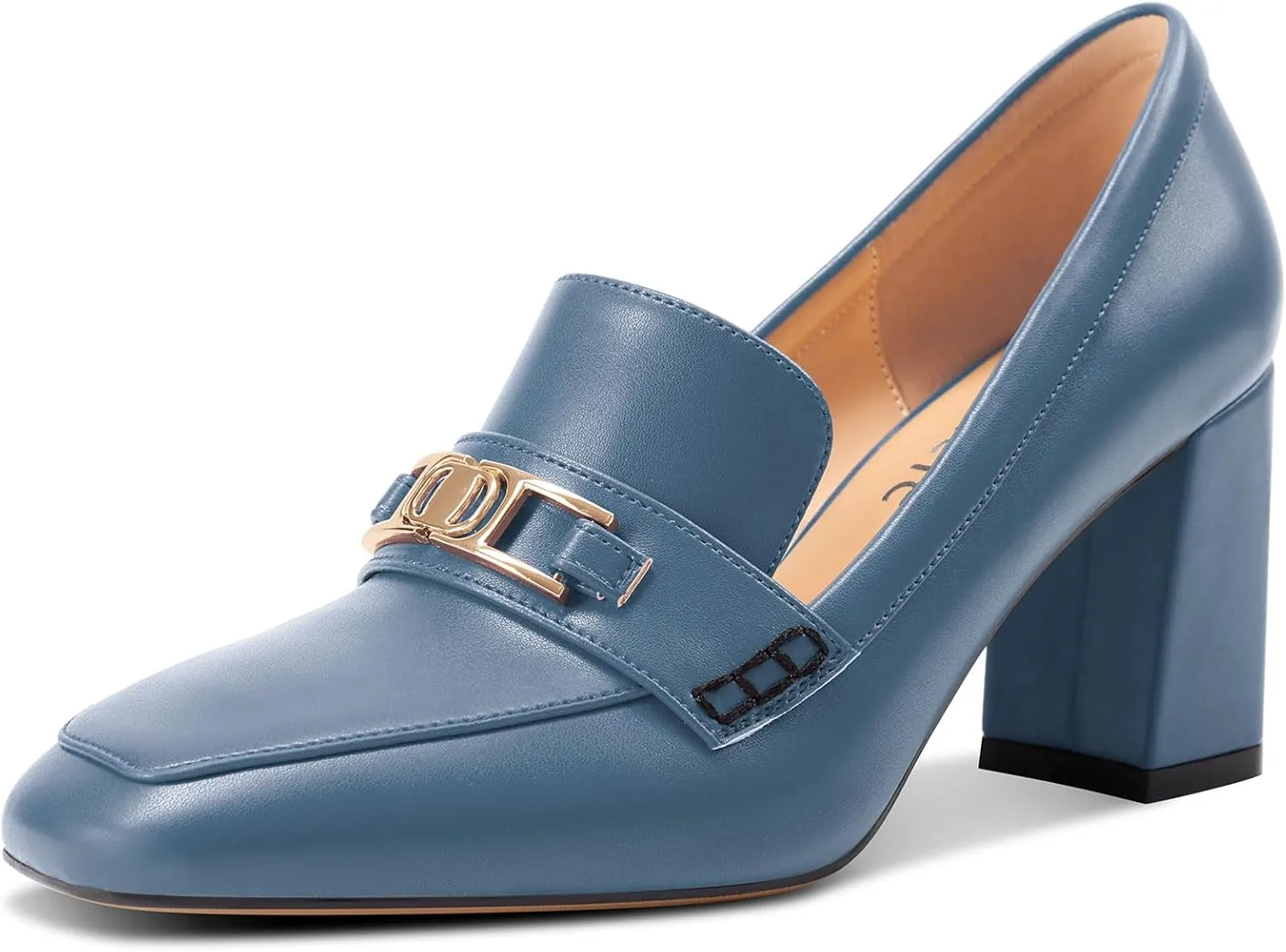 Castamere Mid Block Heels for Women Close Square Toe Slip-on Loafers Metal Buckle Office Casual Pumps 3.2 Inches Shoes
