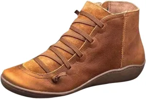Cathalem Ankle Boots for Women Fall Shoes 2024 Ankle Boots No Heel Lace Up Side Zipper Vintage Retro Booties Slip On Flat Boots