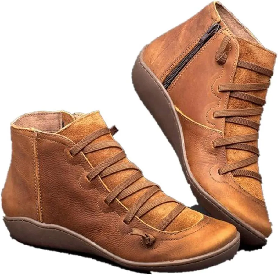 Cathalem Ankle Boots for Women Fall Shoes 2024 Ankle Boots No Heel Lace Up Side Zipper Vintage Retro Booties Slip On Flat Boots