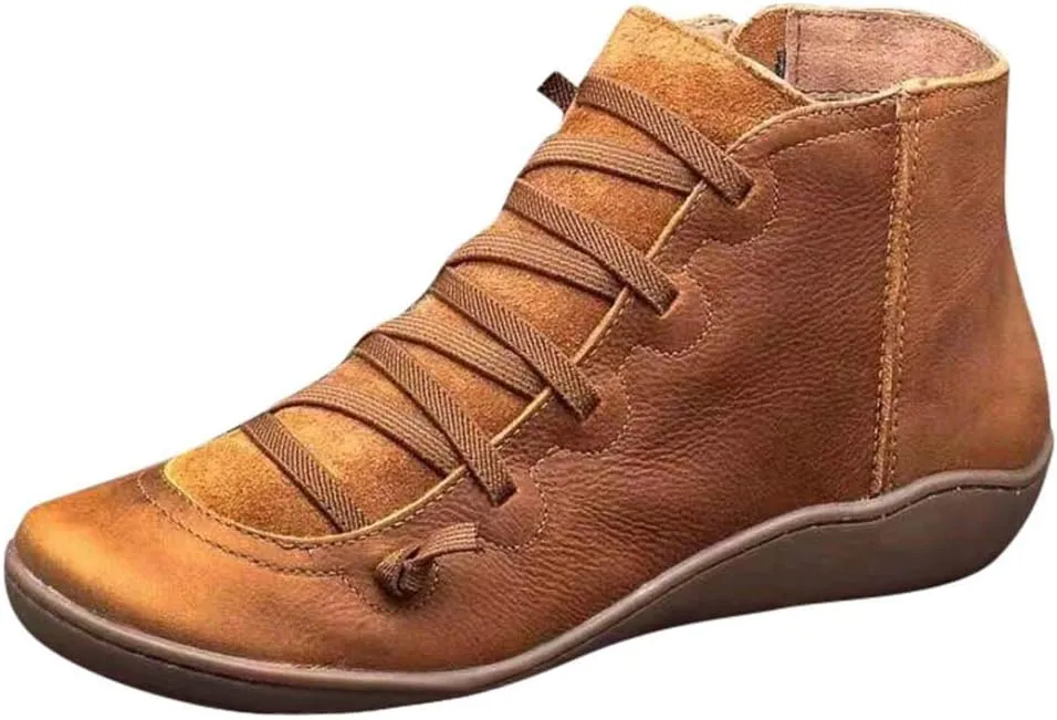 Cathalem Ankle Boots for Women Fall Shoes 2024 Ankle Boots No Heel Lace Up Side Zipper Vintage Retro Booties Slip On Flat Boots