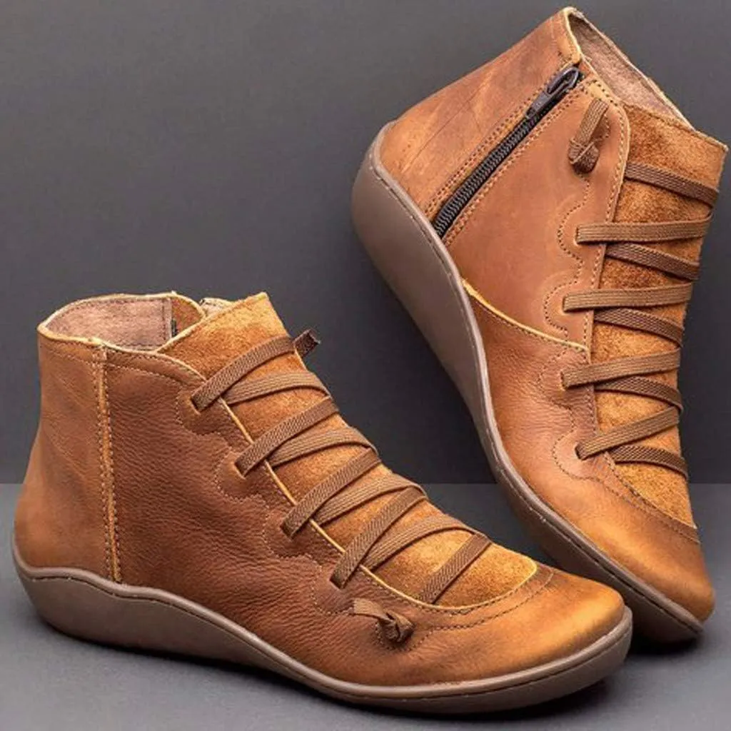 Cathalem Ankle Boots for Women Fall Shoes 2024 Ankle Boots No Heel Lace Up Side Zipper Vintage Retro Booties Slip On Flat Boots