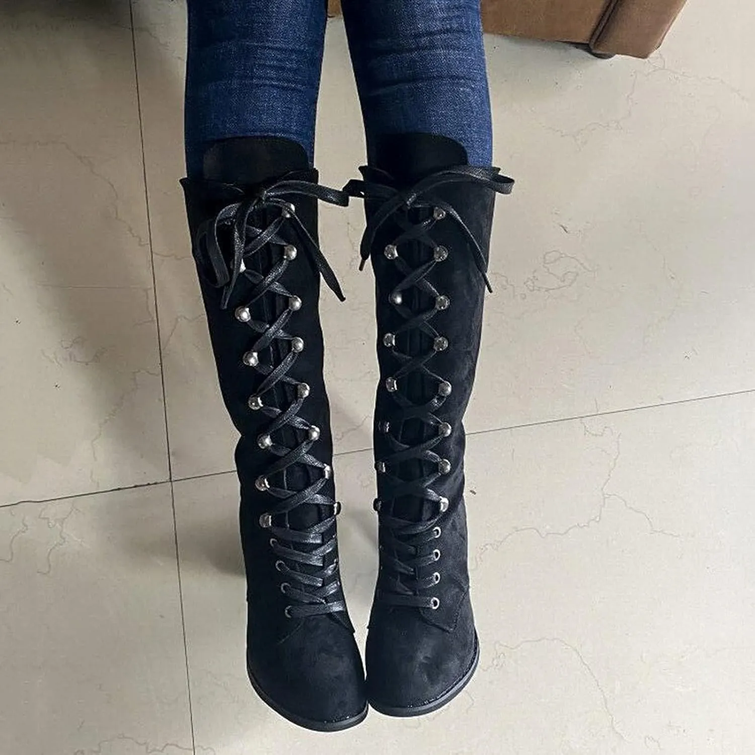 Cathalem Knee High Boots for Women Chunky Heel Boots Medieval Victorian Boots Lace Up Mid Calf Boots Goth Cosplay Costume