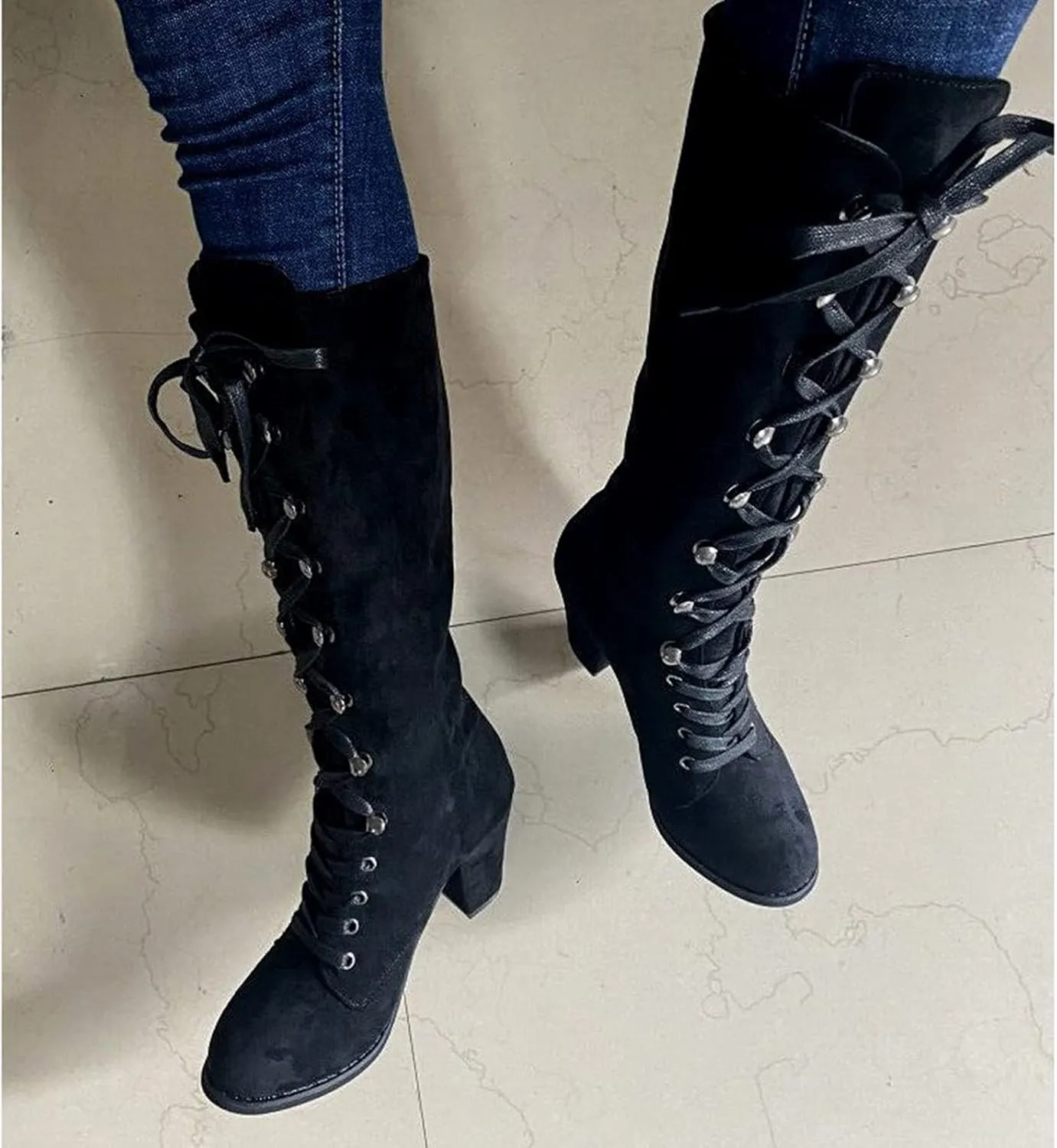 Cathalem Knee High Boots for Women Chunky Heel Boots Medieval Victorian Boots Lace Up Mid Calf Boots Goth Cosplay Costume