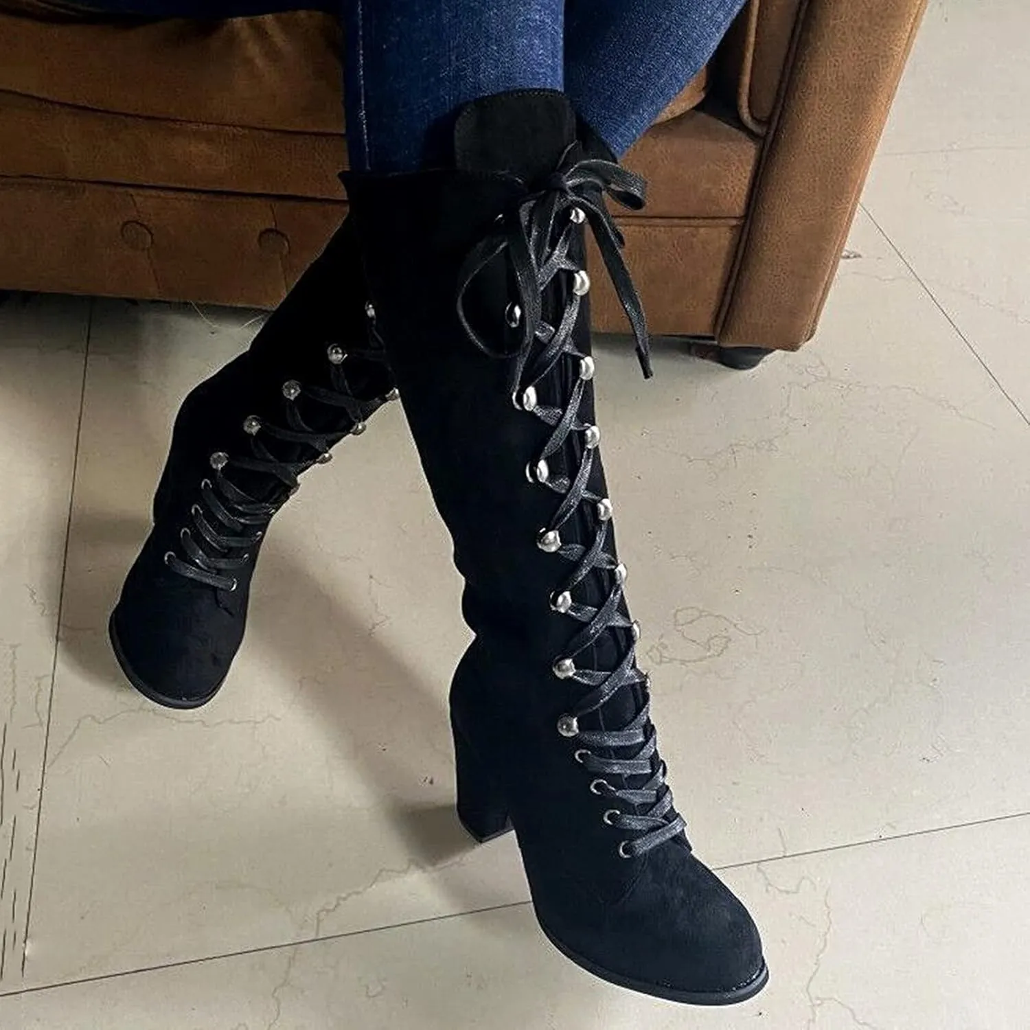 Cathalem Knee High Boots for Women Chunky Heel Boots Medieval Victorian Boots Lace Up Mid Calf Boots Goth Cosplay Costume