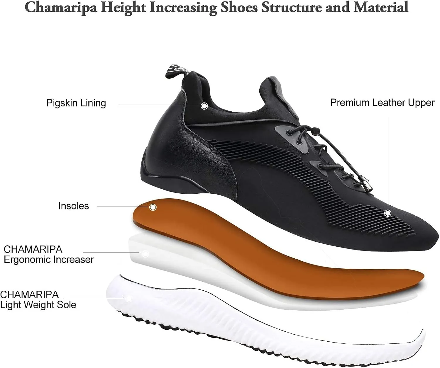 CHAMARIPA Men's Invisible Height Increasing Elevator Sneakers, Casual Fashion Hidden Heel Knit Shoes - Stylish, Comfortable, and Breathable 2.36"/ 2.76"/ 3.15" Inches Taller Handcrafted