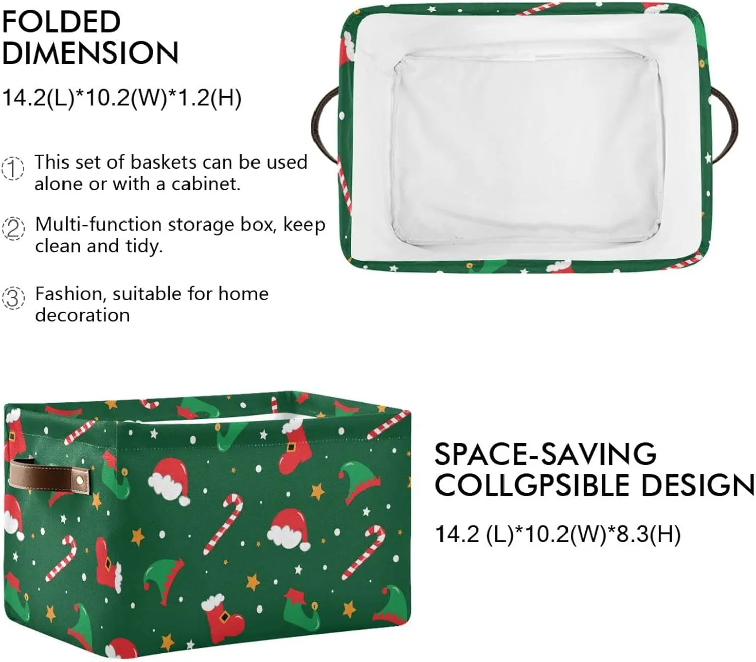 Christmas Santa Boots Elf Hat Shoes Large Storage Basket Candy Cane Nursery Bins Collapsible Clothes Laundry Hamper with Handles for Home Living Room Bedroom Closet Toys Blankets Organizing 1 Pcs