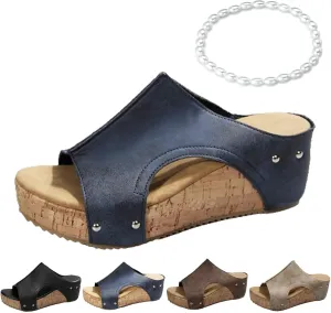Cork Wedges & Platform Slides for Women,Women's Thick Sole Comfy Leather Wedge Non-slip Summer Sandals