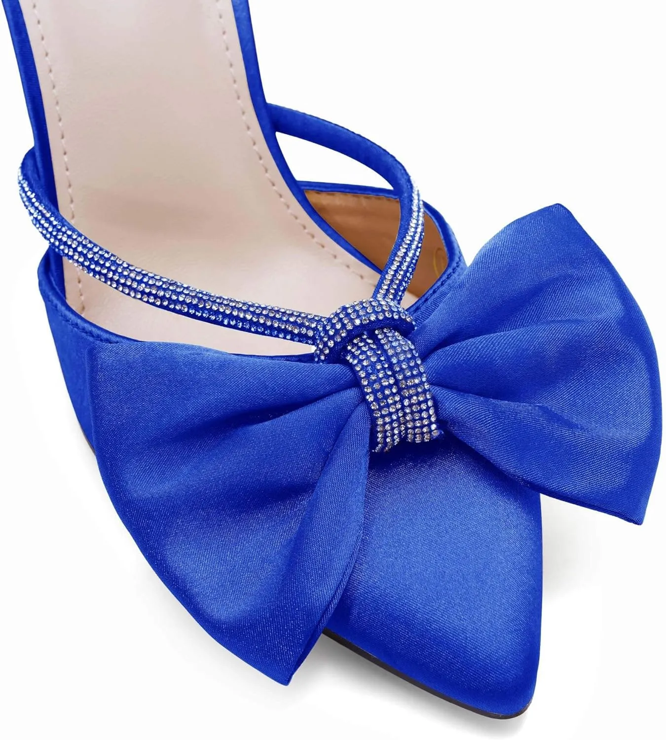 Coutgo Womens Bow Heels Mules Pointed Closed Toe Sandals Rhinestone Satin Backless Wedding Shoes