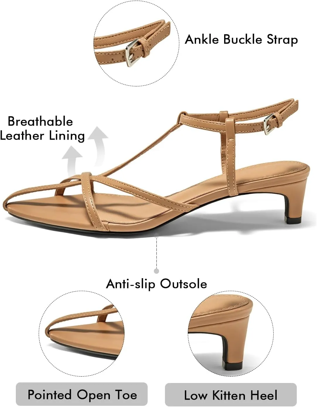Coutgo Womens Dress Sandals Strappy Low Kitten Heels Pointed Open Toe Summer Beach Shoes