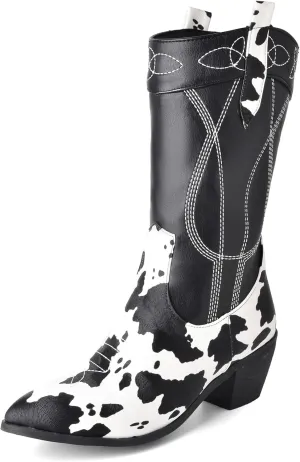 Cozivwaiy Cow Print Boots for Women Patchwork Cowboy Boots Animal Print Half Boots Pull on Chunky Mid Heel Cowgirl Boots