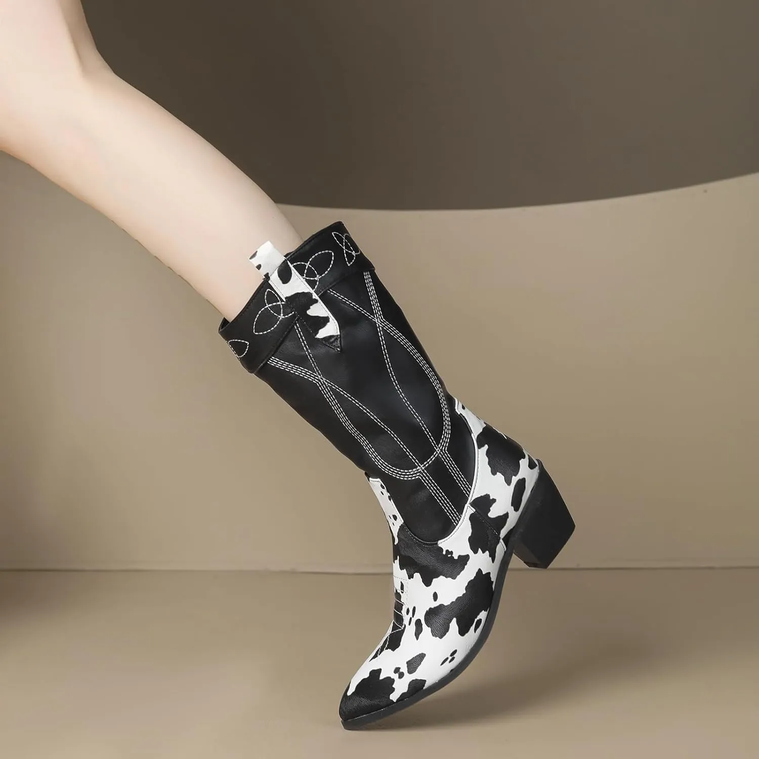 Cozivwaiy Cow Print Boots for Women Patchwork Cowboy Boots Animal Print Half Boots Pull on Chunky Mid Heel Cowgirl Boots