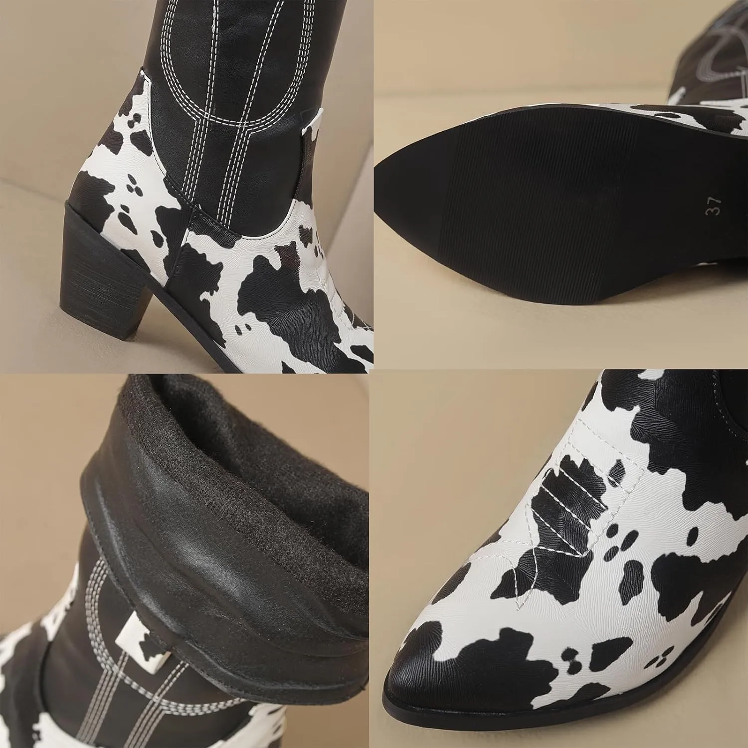Cozivwaiy Cow Print Boots for Women Patchwork Cowboy Boots Animal Print Half Boots Pull on Chunky Mid Heel Cowgirl Boots