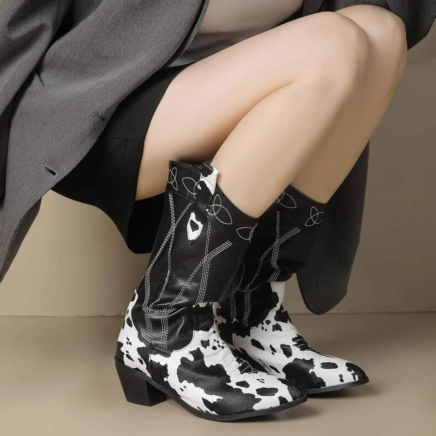 Cozivwaiy Cow Print Boots for Women Patchwork Cowboy Boots Animal Print Half Boots Pull on Chunky Mid Heel Cowgirl Boots