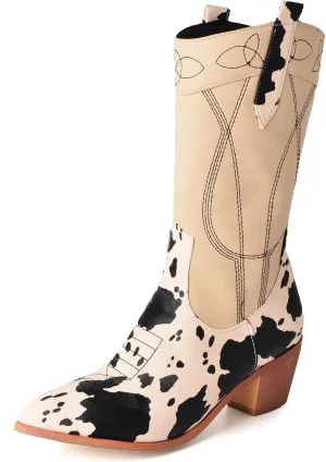 Cozivwaiy Cow Print Boots for Women Patchwork Cowboy Boots Animal Print Half Boots Pull on Chunky Mid Heel Cowgirl Boots